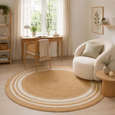 Produktbild von Naturfaser Teppich Handgefertigt Jute Salsa Creme Beige Streifen Rund, Größe:120 cm Rund