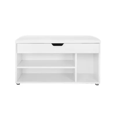 A white shoe cabinet with a bench and storage compartments, presented against a white background.