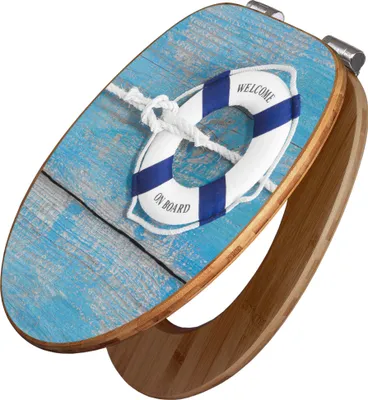 Produktbild von banjado Design WC Sitz Bambus Absenkautomatik -Blauer Rettungsring - Toilettendeckel mit Absenkautomatik Holz/hochwertiger Bambus Klodeckel/WC-Sitz für alle gängigen Toiletten [TDB2 12763]