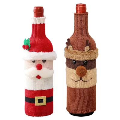 Produktbild von 2er-Pack Weinflaschenhüllen Weihnachten, gestrickte Weihnachtsmann-Flaschenhülle, festliche Deko für Weihnachtsfeiern, 27×10 cm