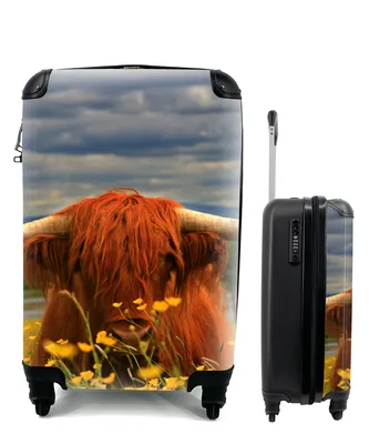 Produktbild von MuchoWow® Koffer Handgepäck Trolley Rollkoffer Kleine Reisekoffer mit 4 Rollen - Schottischer Highlander - Tiere - Blumen - Cabin Size < 55x40x23 cm & 55x40x20 cm - Fotokoffer - Kabinenkoffer - Boardgepäck - Reise-Box - Reisekoffer - Reisegepäck - Koffer mit Bild - Trolley für Kinder