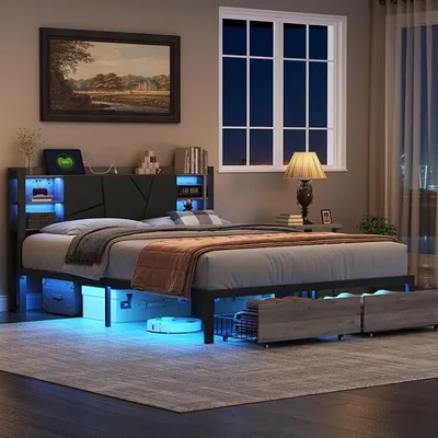 Obrázok produktu pre Postel s úložným priestorom, 180 x 200 cm, s 2 zásuvkami, čalúnená posteľ s LED osvetlením a USB nabíjaním, kovová posteľ s čelom, čalúnená dvojlôžková posteľ, rám postele, PU, čierna (180 x 200 cm)