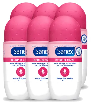 Imagen del producto de 6 unidades de antitranspirante roll-on Sanex Dermo Care, 48 horas de protección, 50 ml. Paquete económico