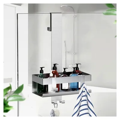 Produktbild von Hängende Duschablage, Duschregal ohne Bohren, Duschkorb aus Edelstahl SUS304 für rahmenlose Glastüren, Badezimmerorganizer für Shampoo mit 2 abnehmbaren Haken, Silber