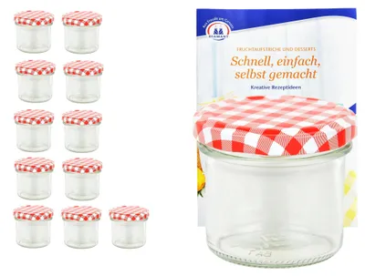 Image de lot de 12 bocaux 125 ml To 66 à couvercle rouge à carreaux avec sucre diamant Magique pour gélifier Livret de recettes
