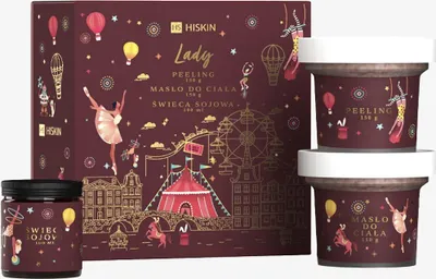 A gift set with a box and three jars, decorated with a circus theme.