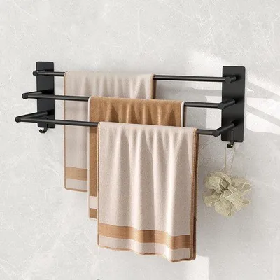 Zdjęcie produktu dla Unyqoos® Samoprzylepny uchwyt na ręczniki ze stali nierdzewnej, matowy czarny – 60 cm, 3 półki i 2 haczyki, montaż bez wiercenia, idealny do łazienki, kuchni i sypialni
