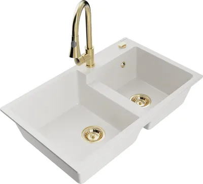 Produktbild von Mexen Tomas 2-Becken-Granitspüle mit Mischbatterie Elia, Weiß - 6516-20-670101-50