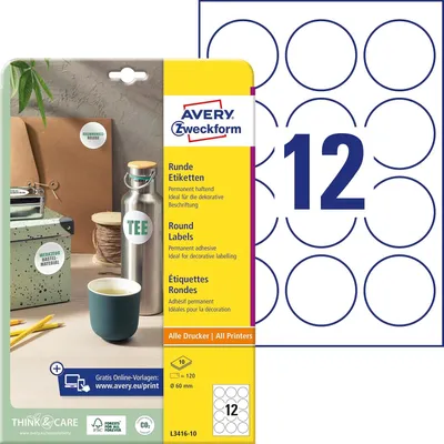 Obrázok produktu pre AVERY Zweckform L3416-10 120 AVERY Zweckform Etiketten L3416-10 weiß 60,0 x 60,0 mm