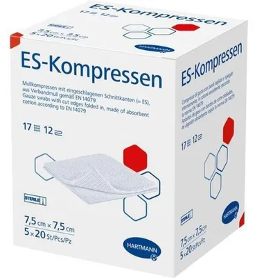 Productafbeelding van ES-Kompressen, steriel, 7,5x7,5 cm, grote verpakking, 12 stuks, 5 x 20 stuks