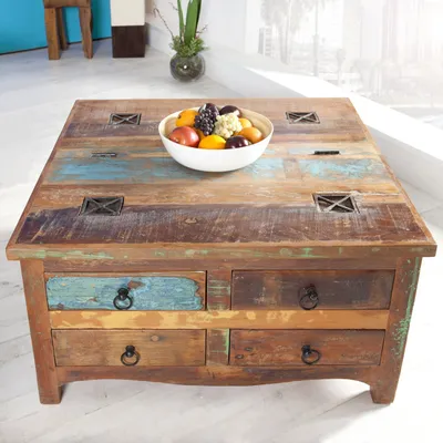 Produktbild von cagü: Exklusiver Design Couchtisch  & Truhe [BORNEO] mit 4 Schubladen aus recyceltem Teak Massivholz 70cm x 70cm Quadratisch