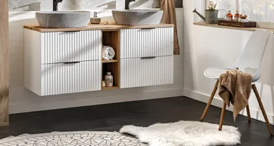 Produktbild von Design Badmöbel Set mit 2 Waschbecken ADEL WEISS 140 cm MDF SOFT-CLOSE Waschtisch