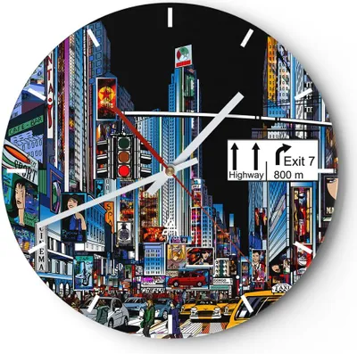 Produktbild von Wanduhr - Rund - Glasuhr - Manhattan New York Straße - 40x40cm - Schleichendes Uhrwerk - Lautlos - zum Aufhängen bereit - Dekoration Modern - Wanddekoration aus Glas - C3AR40x40-2720