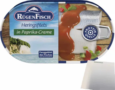 Produktbild von Rügenfisch Heringsfilet in Paprika Creme (200g Dose) + usy Block