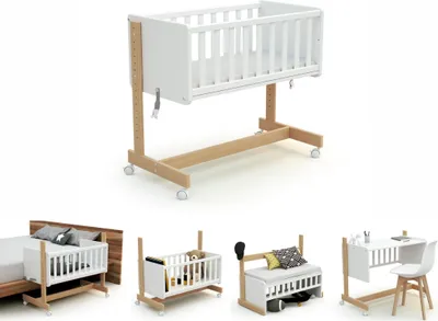 Produktbild von AT4 – Weige Babybett Beistellbett Holz mit Matratze und rollen NATO Weiß und lackierter Buche, 40 x 80 cm| 86 x 58,5 x 80 cm | Kinderbett mit Matratze inklusive| 4 multidirektionale Räder