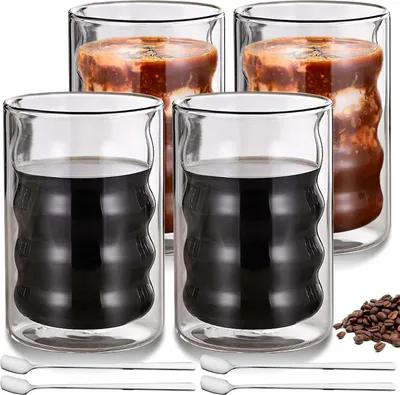 Produktbild von Latte Macchiato-Gläser 400 ml doppelwandig - 4 Löffel - spiralförmige Kaffeegläser - Cappuccino Latte Tee - Iced Americano Milch - 4 Stück.
