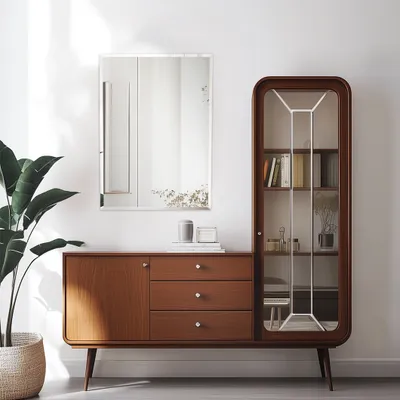 A modern wooden cabinet with drawers and a glass-doored display cabinet, a mirror on the wall above it, and a large potted plant to the left.