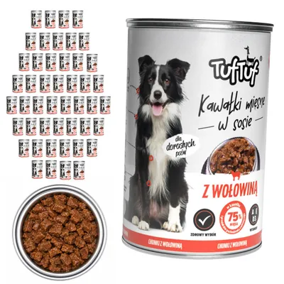 Produktbild von TufTuf | Nassfutter für Hunde Stückchen in Soße Rind - Hundefutter Dosen 48x415 g - ohne Huhn - Vorratspack - 75% Fleischanteil