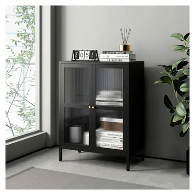 Produktbild von Kommode Säkylä Sideboard Mehrzweckschrank mit Glastüren geriffelt 84 x 64 x 35 cm Vitrinenschrank Wohnzimmer Metallschrank Schwarz