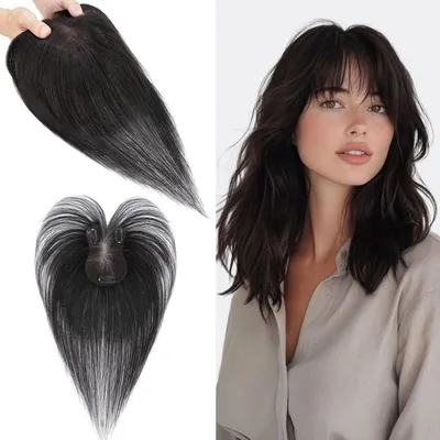 Produktbild von Haar Topper Echthaar Natürliches Schwarz - Toupet für Frauen mit Wispy Pony 100% Echthaar Clip in Haarteile für Dünnes Haar 14g 27cm #1B