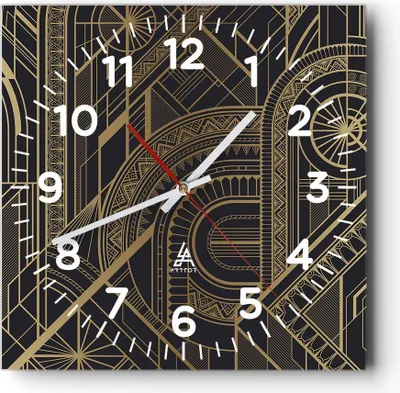 Produktbild von Wanduhr - Quadrat - Glasuhr - Ornament Gold Schwarz - 30x30cm - Schleichendes Uhrwerk - Lautlos - zum Aufhängen bereit - Dekoration Modern - Wanddekoration aus Glas - C4AC30x30-4522