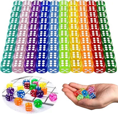 Produktbild von 6-Seitige Würfel Set 100 Stück, 14mm, Translucentes Acryl, 10 Farben, für Brettspiele