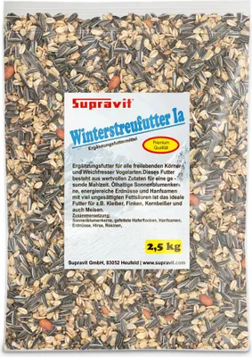 Produktbild von Supravit Winterfutter 2,5kg | Energiereiches Winter Streufutter für Wildvögel mit Sonnenblumenkernen, Erdnüssen, Hanfsamen, Rosinen & mehr