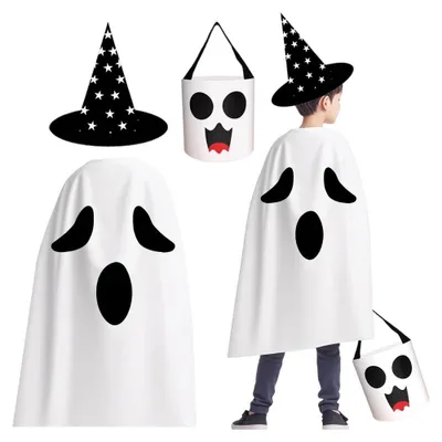 Halloween-Geisterkostüm für Kinder, 3-teilig mit Hut und Tasche