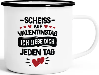 Produktbild von Emaille-Becher Scheiss auf Valentinstag Geschenk Sprüche Liebe lustig Liebeserklärung Mann Frau Moonworks® weiß-schwarz Emailletasse