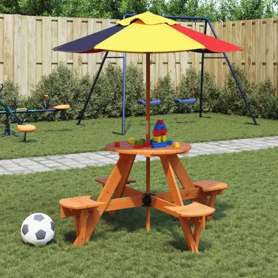 Obrázok produktu pre Maison Exclusive – piknikový stôl pre 4 deti so slnečníkom, okrúhly, z jedľového dreva