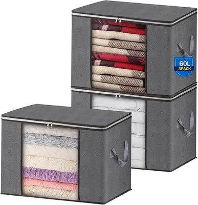 Produktbild von PolkaHome® 3er Set Aufbewahrungsboxen 60L faltbar mit Sichtfenster - Graue Stoffboxen für Kleidung, Decken, Kissen, Bettwäsche,