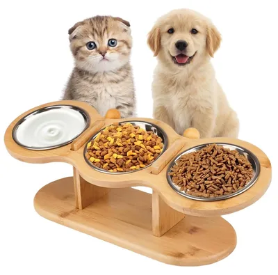 Imagen del producto de Comedero elevado, con una inclinación de 15°, altura ajustable, 3 cuencos de acero inoxidable, para gatos y perros pequeños