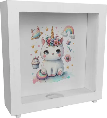 Produktbild von Einhorn-Katze Aquarell Rahmen Spardose aus Holz