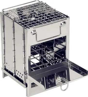 A stainless steel portable barbecue grill with its door open.