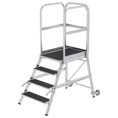 Produktbild von Günzburger Steigtechnik Podesttreppe einseitig begehbar mit Rollen & Griffen Korrundbeschichtung R13 4 Stufen - 055104
