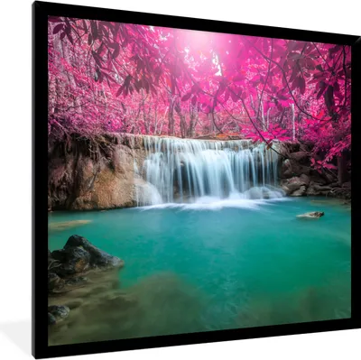 Produktbild von MuchoWow® Gerahmtes Poster Wasserfall - Baum - Rosa - Natur 40x40 cm - Poster mit Schwarzem Bilderrahmen Wandposter Rahmen Foto Bilder - Mit Rahmen - Wanddekoration Schlafzimmer
