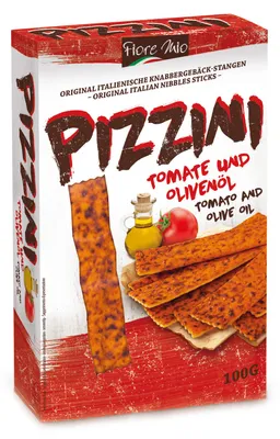 Zdjęcie produktu dla Fiore Mio Pizzini paluszki przekąskowe z pomidorami i oliwą z oliwek 100g