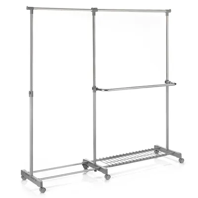 Produktbild von Rollgarderobe LONDON Garderobenwagen Kleiderständer Garderobenständer höhenverstellbar ausziehbar chrom/grau