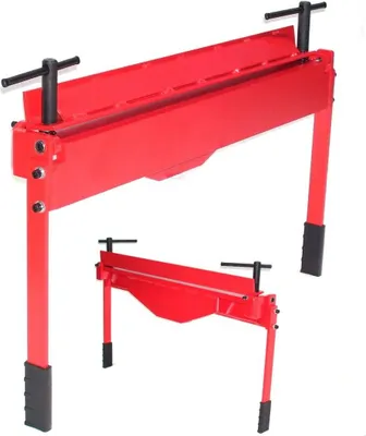 A red metal sheet metal bender is shown against a white background. A smaller version of the same tool is shown below it.