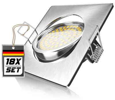 Obrázek produktu pro Sada 18 LED vestavných bodových světel, hranatá, s výkonem 3,5 W a svítivostí 320 lumenů, teplá bílá barva (3000 K), velmi plochá konstrukce s hloubkou instalace 35 mm, stropní svítidla pro obytné prostory, 18 kusů, stříbrná barva