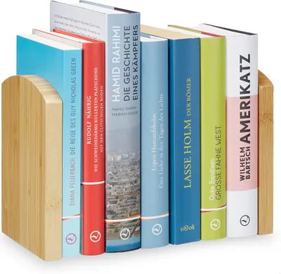 Produktbild von Relaxdays Buchstütze 2teilig, Buchtrenner für CDs, DVDs u. Bücher, Buchwinkel aus Bambus, HBT: 17x11,5x12,5 cm, natur