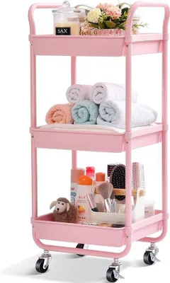 Image de Chariot de service à 3 étages avec roulettes, rose, rangement de cuisine