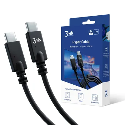 Produktbild von 3mk Hyper Cable Ladekabel auf USB-C to C 4K 60Hz 1m 100W Schwarz
