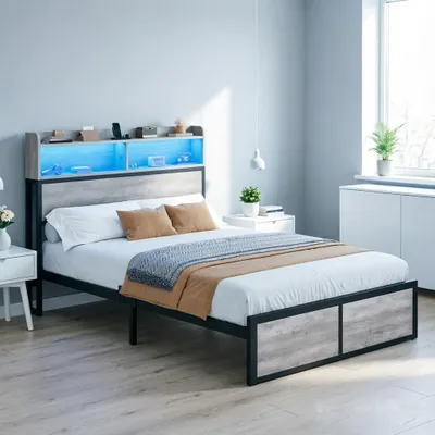 Produktbild von Doppelbett, LED Bettgestell 140 x 200 cm, mit Regalböden USB-Anschlüsse und Stecker, Bettrahmen Metallbett, Grau