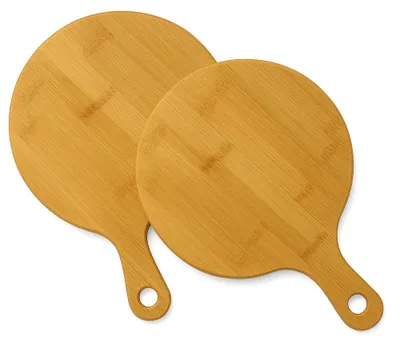 Image de hausleben, ensemble de 2 assiettes à pizza de 25,5 cm – Assiettes à pizza rondes en bambou avec poignée – Petites planches en bois et plateaux de service pour le petit-déjeuner, les collations et le fromage – Robustes et durables