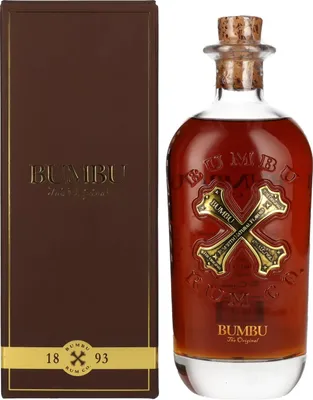 A bottle of Bumbu The Original rum and its gift box are displayed against a white background.