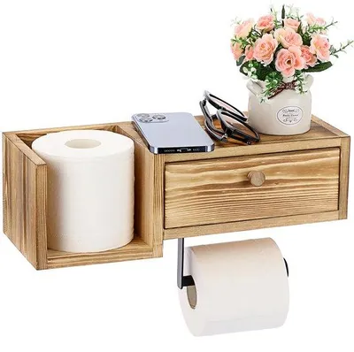 Zdjęcie produktu dla Unyqoos® Uchwyt na papier toaletowy montowany na ścianie, wykonany z litego drewna, z półką i szufladą – idealny do łazienki, z zaokrąglonymi metalowymi końcówkami