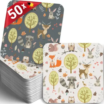 Produktbild von 50 Bierdeckel Waldtiere, Herbstdeko Kinder, Natur Braun-Beige Motiv eckig