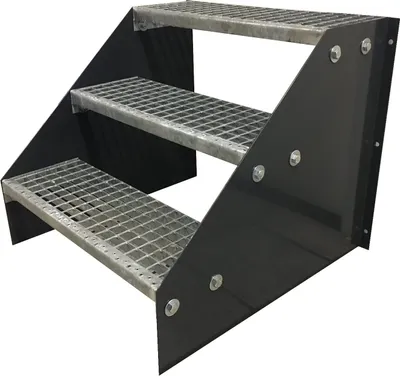 A three-step metal staircase with a black frame, shown against a white background.