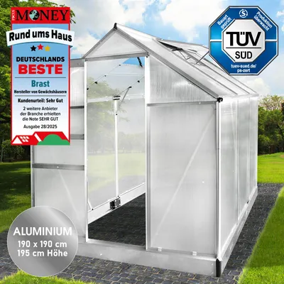 Produktbild von BRAST Gewächshaus Aluminium mit Fundament | 190x190x195cm Silber | rostfrei wetterfestes hochwertiges Aluminium | Lichtbrechend & UV-stabilisiert